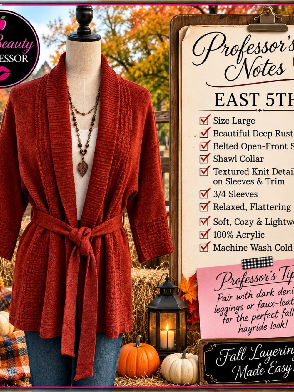💕 East 5th Size L Deep Rust Belted Cardigan Shawl Collar Fall Textured Knit - Picture 2 of 10
